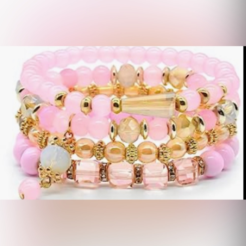 NEW Set of 4 pink beaded bohemian stretchy stackable bracelets